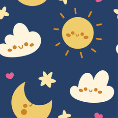 Cute childish seamless pattern with clouds, sun and stars. Vector hand-drawn elements. 