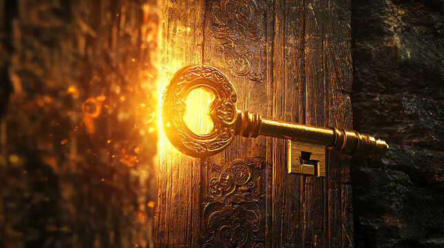 Glowing golden key unlocks ancient door, revealing secrets of a lost civilization in a mystical realm