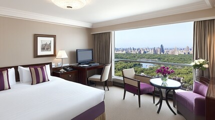 Fototapeta premium Elegant Hotel Room with Scenic City View and Modern Amenities