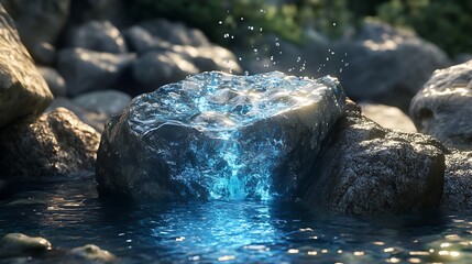 Magical blue energy crystal sitting ancient rock platform photos