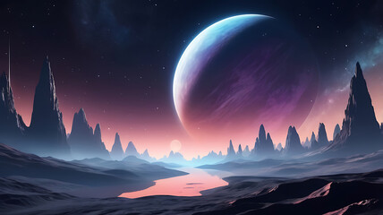 A Stunning Alien Landscape with Majestic Planets and Mystical Peaks Abstract Background.