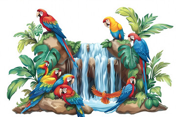 Naklejka premium A vibrant scene of colorful parrots perched near a cascading waterfall, surrounded by lush tropical foliage.