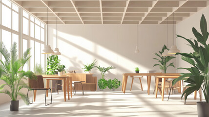 Fototapeta premium Generative AI illustration of interior design of modern workspace with stylish box ceiling and wooden tables with chairs and potted plants indoors
