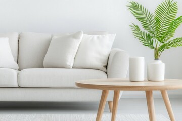 Fototapeta premium Modern living room with natural decor and a round wooden coffee table