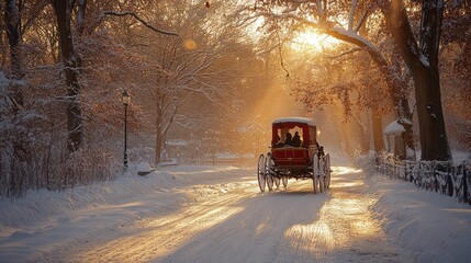 Romantic horse-drawn carriage ride through a snow-covered park at sunset.