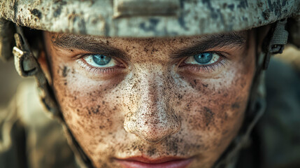 Intense expression of a caucasian young male soldier with blue eyes and camouflage helmet