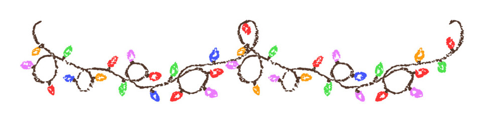 Colorful Christmas garland border Festival or party holiday string lights decoration. Crayon, pastel chalk or pencil kids hand drawing doodle funny style. Cartoon flat bright simple vector joyful art