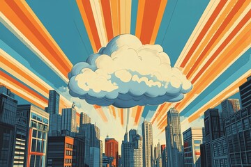 Cloud flying through a cartoon city. Childlike comic art.
