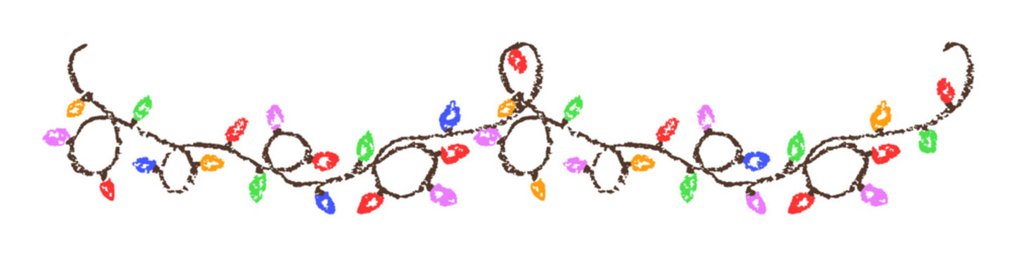 Colorful Christmas garland border Festival or party holiday string lights decoration. Crayon, pastel chalk or pencil kids hand drawing doodle funny style. Cartoon flat bright simple vector joyful art