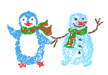 Christmas happy funny penguin and cute snowman smiling friendly hand waving hello. Like child`s hand drawn crayon, pastel chalk, pencil kids art flat cartoon or doodle style. Simple holiday character