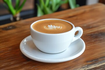 Obraz premium Warm cup of coffee with latte art served on a wooden table in a cozy cafe