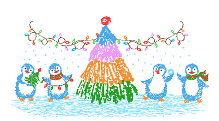 Christmas funny space area with cute penguin set. Crayon, pastel chalk or pencil like kids hand drawing style. Tree, snow, colorful holiday garland light. Cartoon flat vibrant color scene vector © larisa_zorina