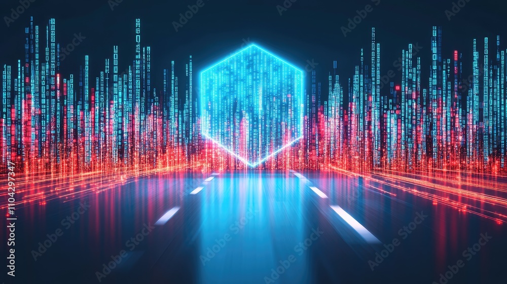 Poster futuristic data visualization with neon lights and hexagonal shape