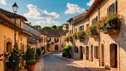 Fototapeta premium A warm and inviting cinematic photograph of a quaint village, set against a soft blue sky with a few puffy white clouds