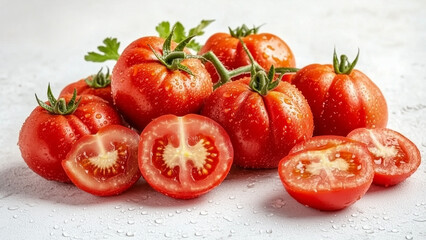 Fresh red tomatoes with dew drops on their skin, some sliced to display the juicy interior