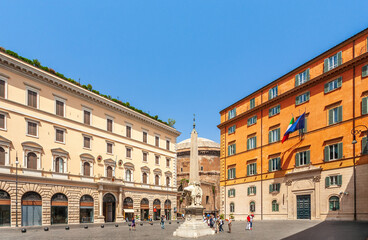 Rome, Italy, July 2017, Visitors Gather in Minerva Square With the Pantheon in Rome
