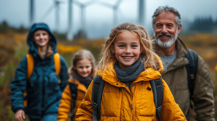 Fototapeta premium Family hiking adventure with smiling blonde young girl in nature