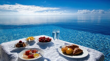 Obraz premium Luxurious Breakfast by the Infinity Pool with Scenic Ocean View