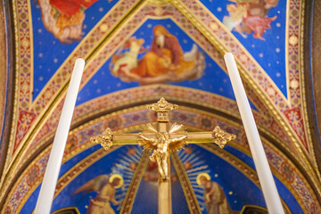 Rome, Italy, July 2017, Crucifix at the High Altar of Santa Maria Sopra Minerva Basilica in Rome