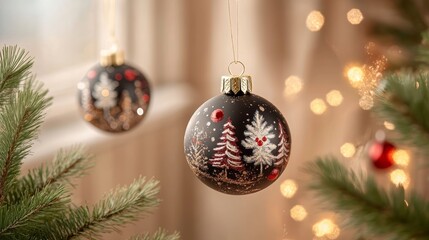 Two shimmering ornaments dangle from a festive Christmas tree, surrounded by a warm glow of twinkling lights, evoking holiday cheer and joy.