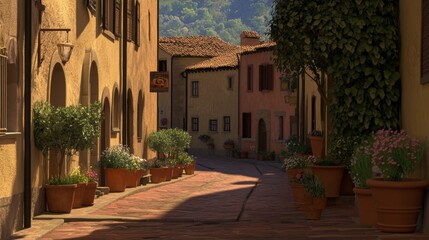 Naklejka premium Charming Cobblestone Street in Quaint Village with Bright Flora