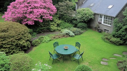 Serene Garden with Green Table and Vibrant Pink Flowers