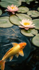 Serene Koi Pond: A Golden Fish Amongst Water Lilies