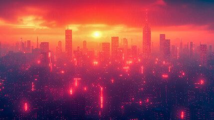 Fototapeta premium Vibrant futuristic cityscape at sunset with neon glow and skyscrapers