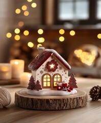 A cozy house glows warmly with a flickering candle, adorned with festive Christmas decorations, inviting joy and cheer into the frosty winter night.