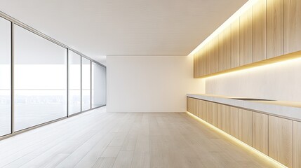 Fototapeta premium Modern Minimalist Kitchen Interior with Large Windows and Wood Accents