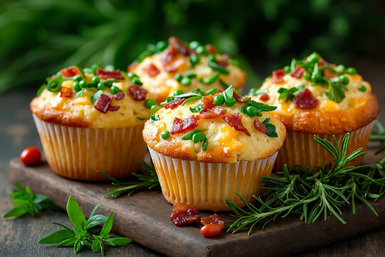 A wooden cutting board topped with muffins covered in bacon and cheese