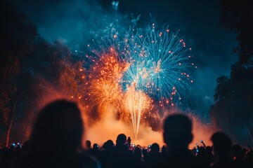 Bright fireworks illuminate the night sky. Spectators stand in awe, surrounded by vibrant colors and excitement. This stunning display captivates the audience. Generative AI