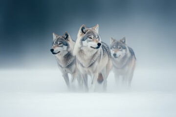 Fototapeta premium wildlife communication, a group of wolves gliding elegantly over the snowy fields, their breath visible in the cold air, silent signals lighting up the frosty landscape
