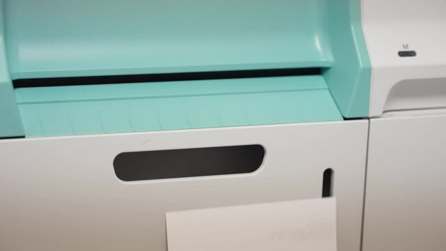 Office printer producing a color test chart for quality control. A high-resolution image of a modern office printer as it prints a detailed color test chart