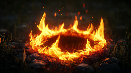 Glowing ring of fire illuminates the ground with vibrant orange and red flames during a mystical night setting