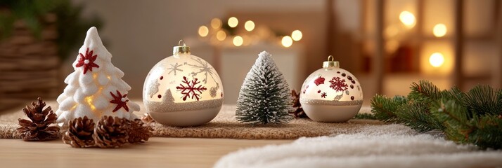 Three sparkling Christmas ornaments rest atop a wooden table, surrounded by rustic pine cones, evoking the warmth and joy of the holiday season.