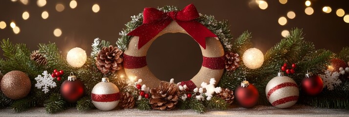 A festive wreath adorned with twinkling lights and colorful ornaments rests elegantly on the table, embodying the spirit of Christmas cheer and warmth.