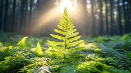 Sunlight Illuminates Green Fern in Lush Forest Landscape
