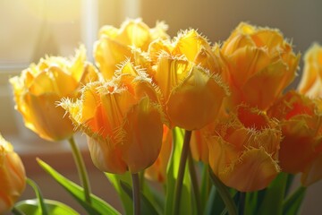 Obraz premium Bright yellow tulip bouquet in late spring sunlight.