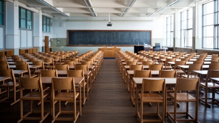 A large, empty classroom with wooden chairs.