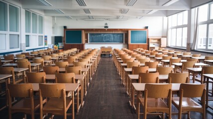 A large, empty classroom with wooden chairs.