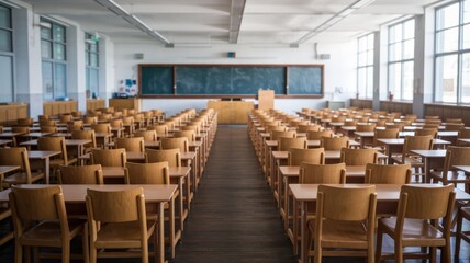 A large, empty classroom with wooden chairs.