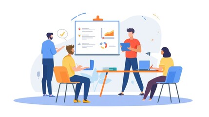 A team collaborating in a meeting with charts and laptops, focusing on project progress.