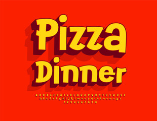 Vector advertising banner Pizza Dinner. Bright Funny 3D Font. Set of Trendy Alphabet Letters and Numbers