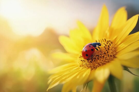 Colorful ladybug resting on a sunflower in a bright garden during a sunny day