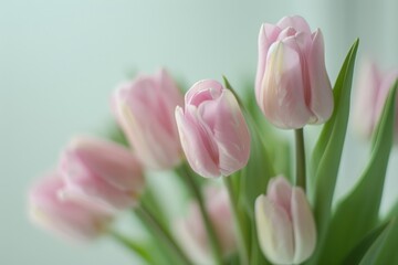 Obraz premium Soft light pink tulip bouquet on plain background with shallow depth of field