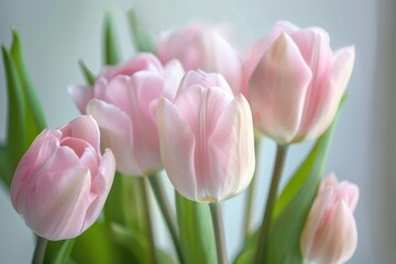 Fototapeta premium Soft light pink tulip bouquet on plain background with shallow depth of field