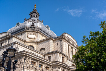 Looking up to the top of the Methodist Central Hall building with Clear skies