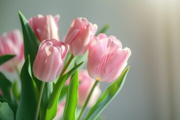 Naklejka premium Soft light pink tulip bouquet on plain background with shallow depth of field