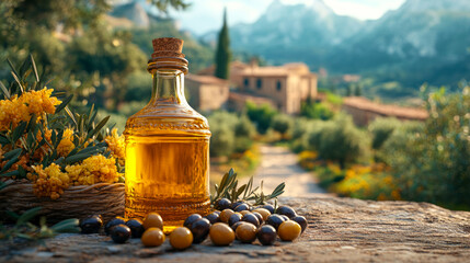 Rustic mediterranean olive oil with fresh olives and flowers outdoors